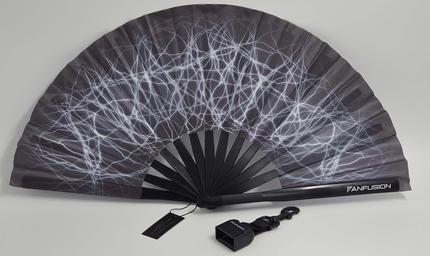 Fractaline psychedelic hand fan – trippy rave fan with clip and holster for techno festivals, psytrance parties and spiritual outdoor gatherings. Lightweight and wearable.