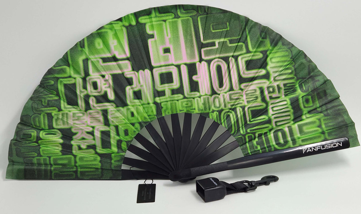 Cyber Seouled techno fan – neon blue and purple rave fan with clip, holster and belt attachment. Futuristic festival accessory for EDM nights, warehouse raves and cyber looks.