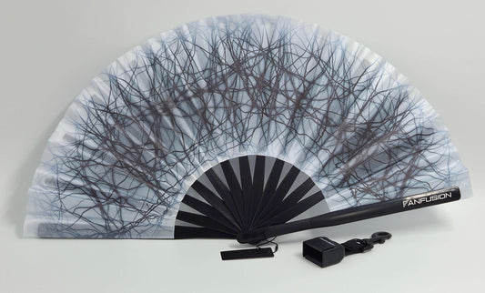 Fractaline psychedelic hand fan – trippy rave fan with clip and holster for techno festivals, psytrance parties and spiritual outdoor gatherings. Lightweight and wearable.