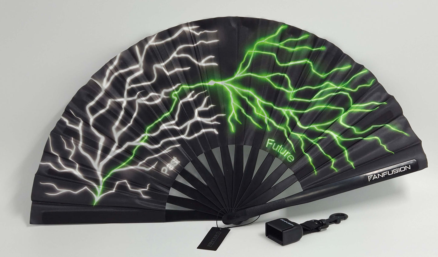 Dual Charge rave fan, green black techno hand fan with clip, holster, belt attachment, wearable festival accessory, high quality handheld fan for raves, open airs, psytrance, EDM, techno parties, rave fan, festival fan, techno fan, hand fan, clip fan