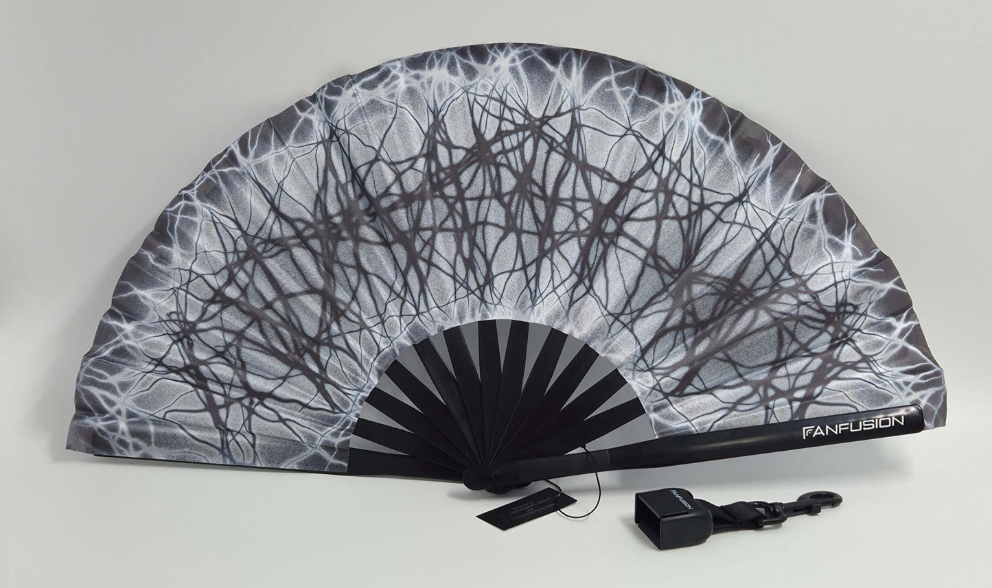 Fractaline psychedelic hand fan – trippy rave fan with clip and holster for techno festivals, psytrance parties and spiritual outdoor gatherings. Lightweight and wearable.