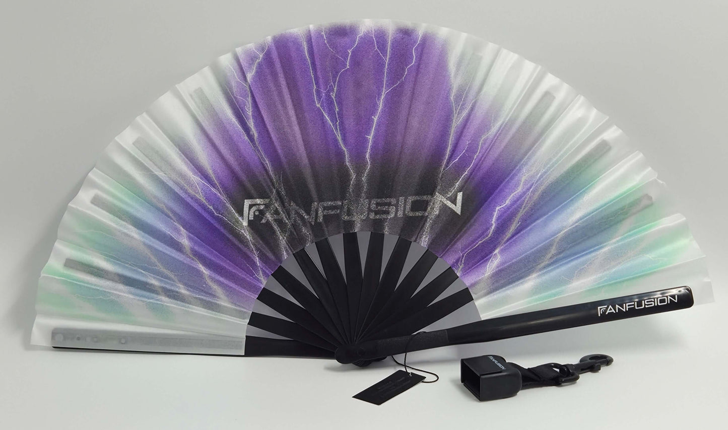 Stormfade hand fan – rave fan with clip holder and holster attachment. Wearable techno accessory for outdoor festivals, EDM events and high energy open airs.
