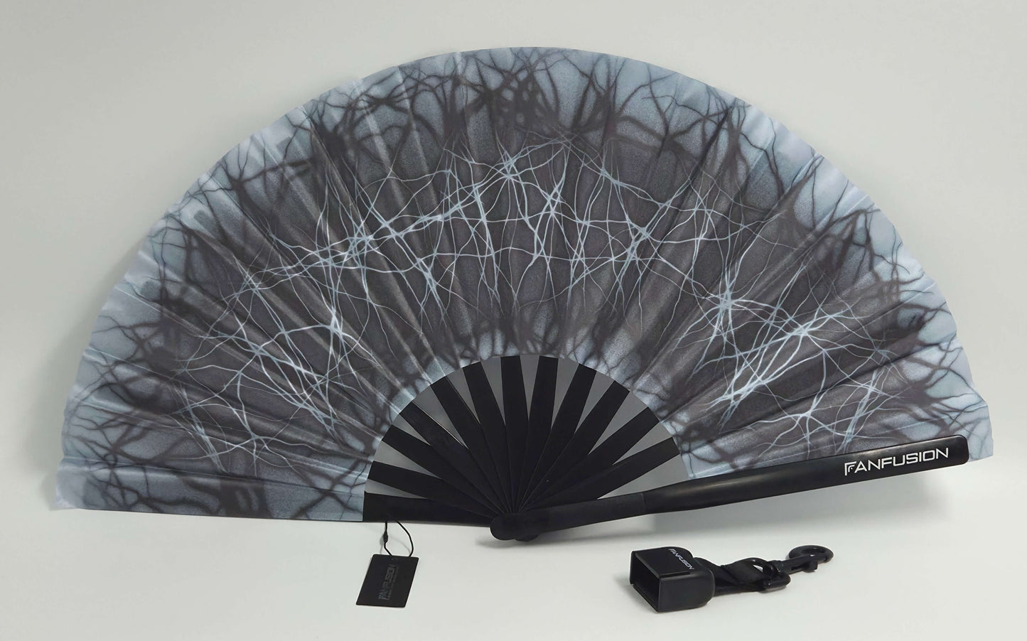 Fractaline psychedelic hand fan – trippy rave fan with clip and holster for techno festivals, psytrance parties and spiritual outdoor gatherings. Lightweight and wearable.