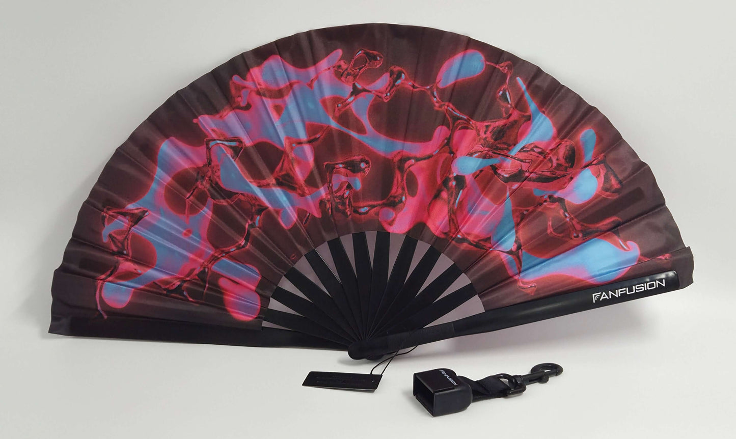 Liquid Mercury festival fan – metallic rave fan with clip holder and wearable holster. Chrome techno aesthetic, perfect for open airs, dancefloors and EDM fans.