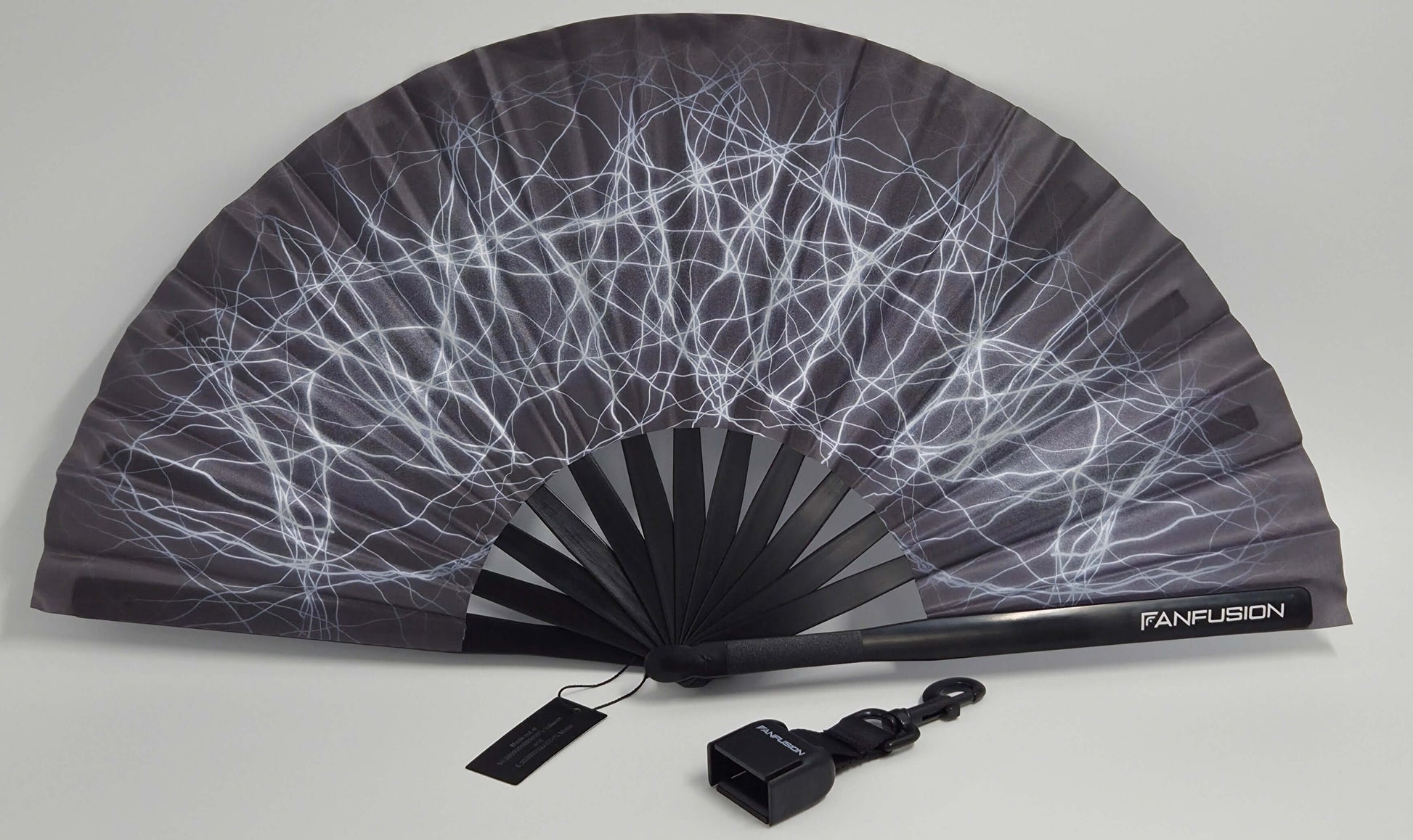 Fractaline psychedelic hand fan – trippy rave fan with clip and holster for techno festivals, psytrance parties and spiritual outdoor gatherings. Lightweight and wearable.