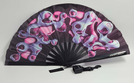 Bubblegum colorful rave fan – bright pink and purple hand fan with clip, holster and belt fix. Playful festival accessory for pride events, funky techno raves and summer parties.
