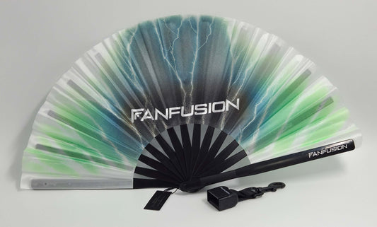 Stormfade hand fan – rave fan with clip holder and holster attachment. Wearable techno accessory for outdoor festivals, EDM events and high energy open airs.