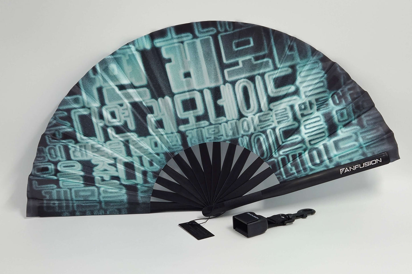 Cyber Seouled techno fan – neon blue and purple rave fan with clip, holster and belt attachment. Futuristic festival accessory for EDM nights, warehouse raves and cyber looks.