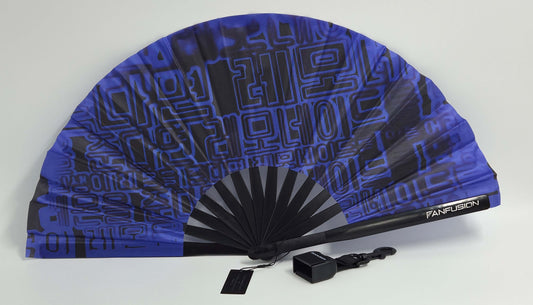 Cyber Seouled techno fan – neon blue and purple rave fan with clip, holster and belt attachment. Futuristic festival accessory for EDM nights, warehouse raves and cyber looks.