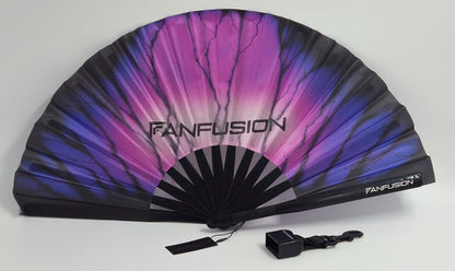 Stormfade hand fan –  rave fan with clip holder and holster attachment. Wearable techno accessory for outdoor festivals, EDM events and high energy open airs.